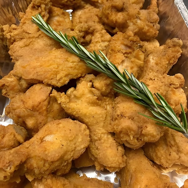 Golden-brown fried chicken pieces, garnished with a fresh sprig of rosemary, in a foil container.
