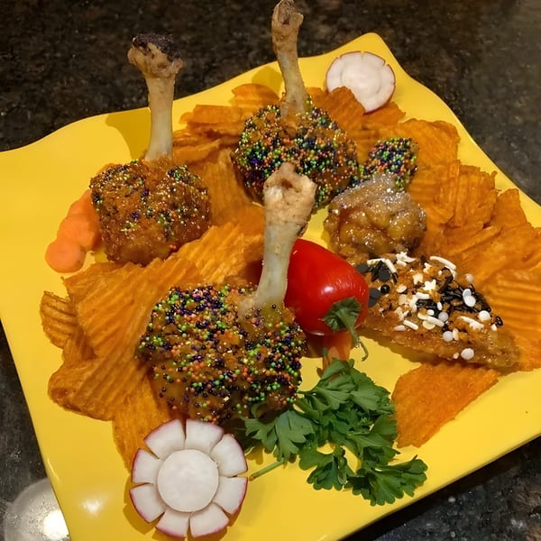 Chicken lollipops with colorful sprinkles, served with chips, radish, and parsley on a yellow plate.