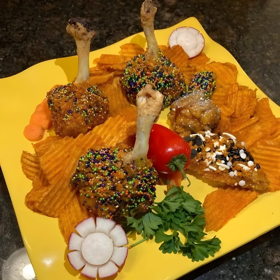 Chicken lollipops with colorful sprinkles, served with chips, radish, and parsley on a yellow plate.